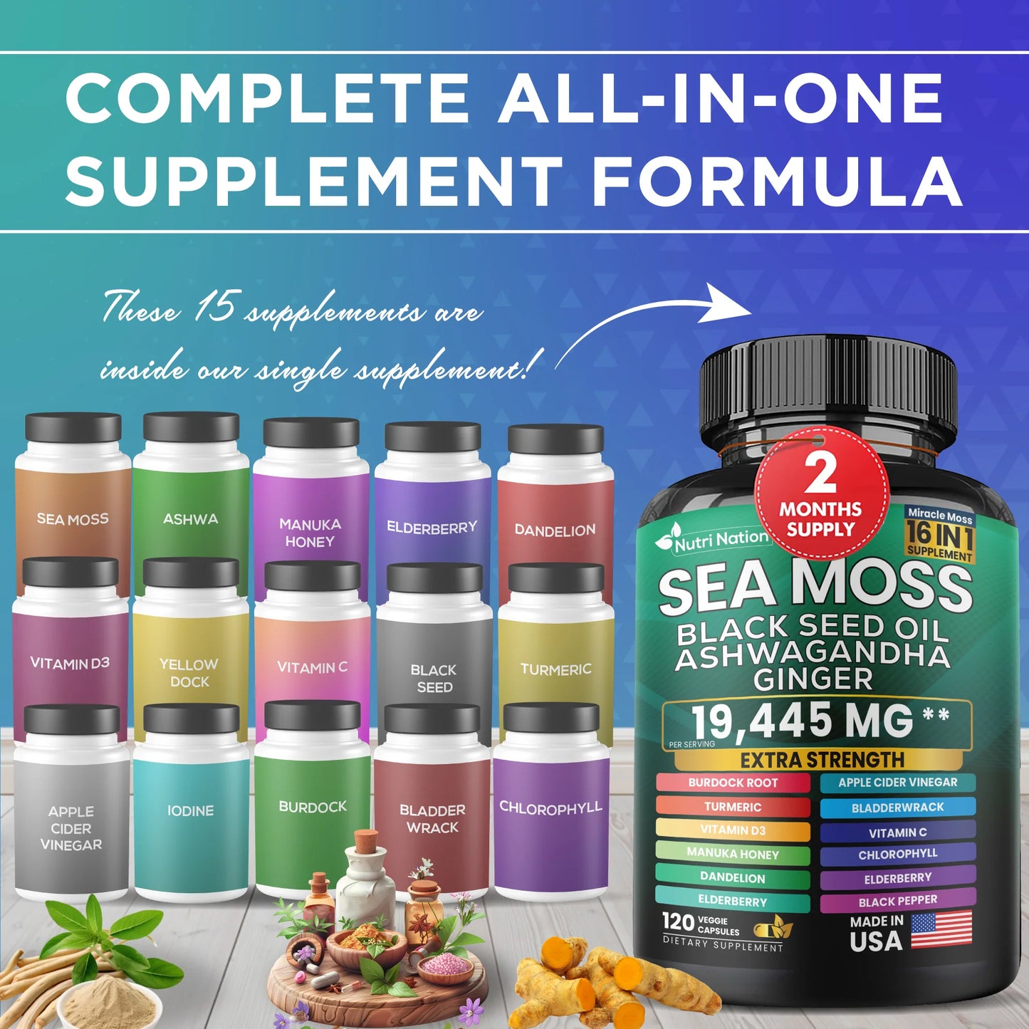 Sea Moss Black Seed Oil Ashwagandha and Burdock Root 16 in 1 Supplement
