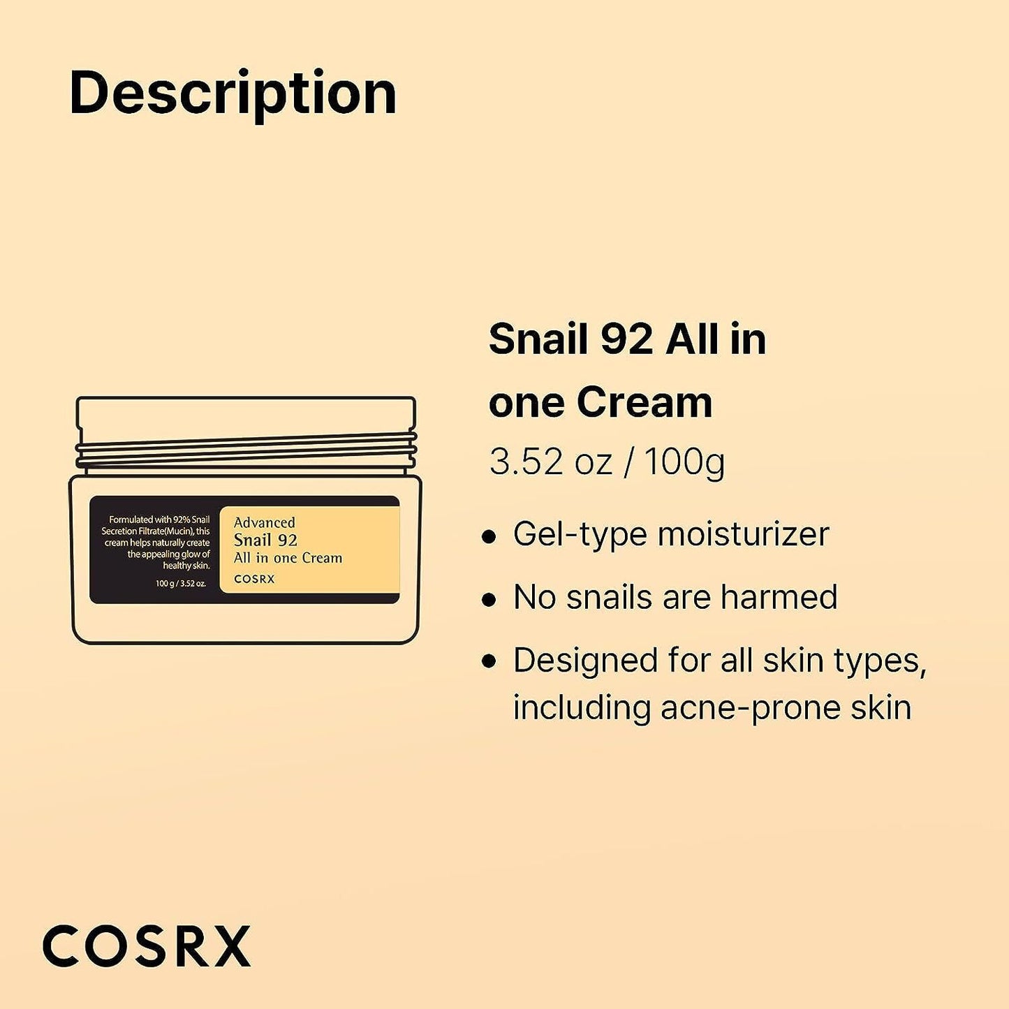 US Seller COSRX Coss02-C Advanced Snail 92 All in One Cream - 3.52 Oz Authentic