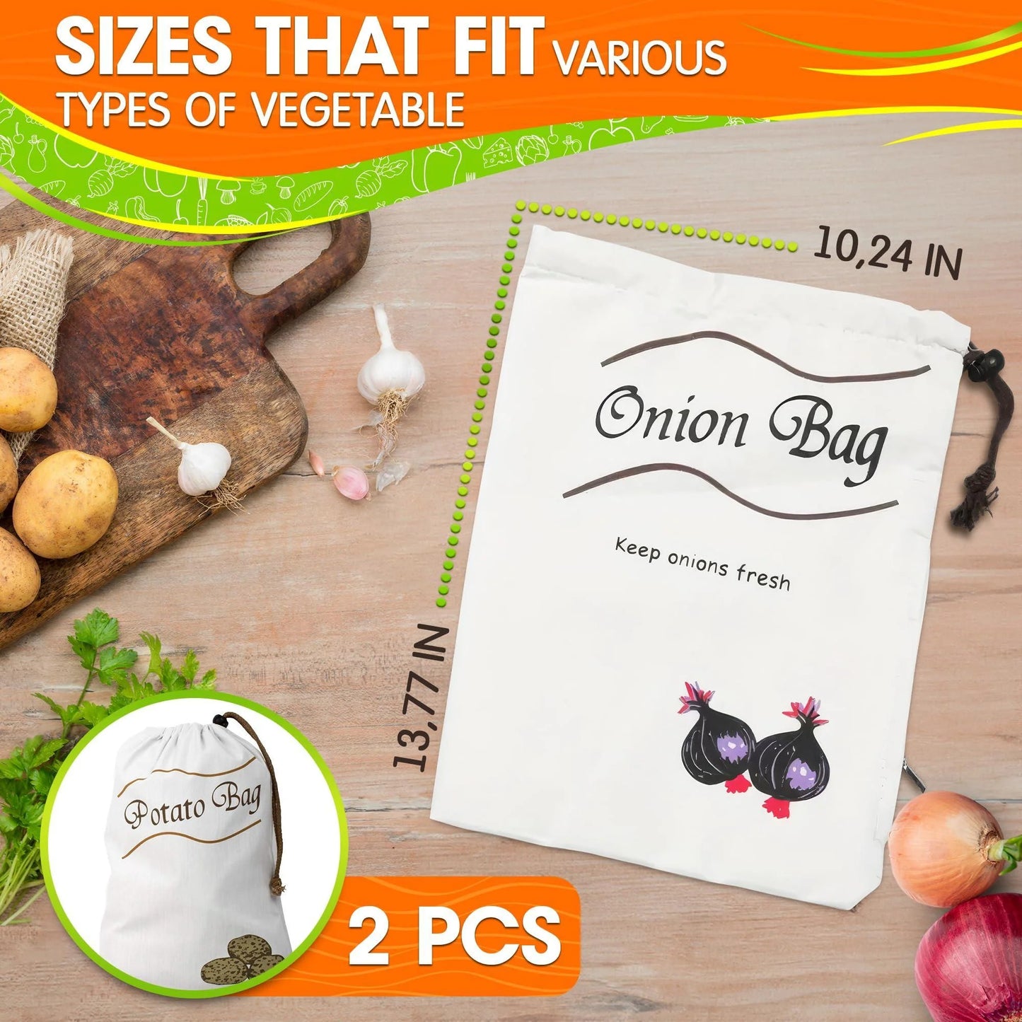 2Pcs Potato and Onion Storage Bags Vegetable Storage Bags Onion Storage Bag Potato Storage Bag Onion and Potato Storage Bags Reusable Produce Bags Washable Storage for Onions and Potatoes