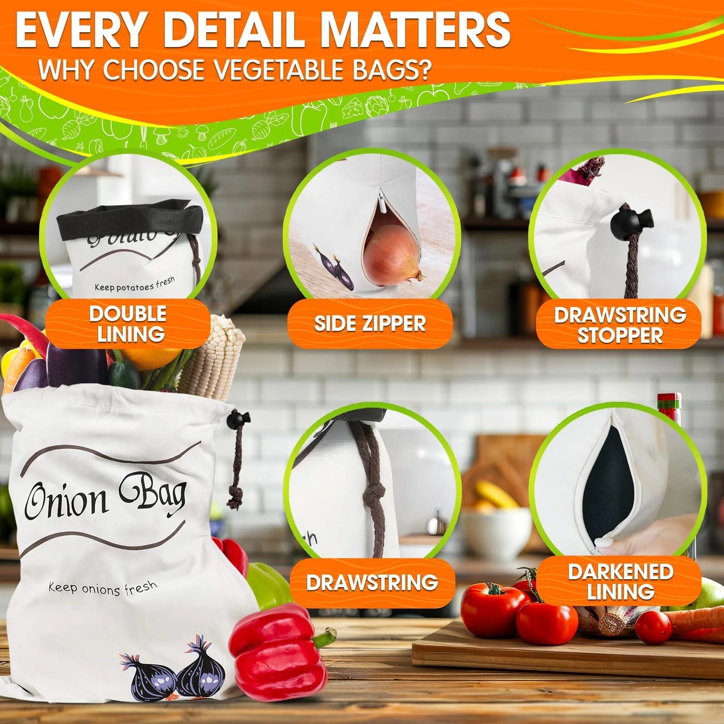 2Pcs Potato and Onion Storage Bags Vegetable Storage Bags Onion Storage Bag Potato Storage Bag Onion and Potato Storage Bags Reusable Produce Bags Washable Storage for Onions and Potatoes