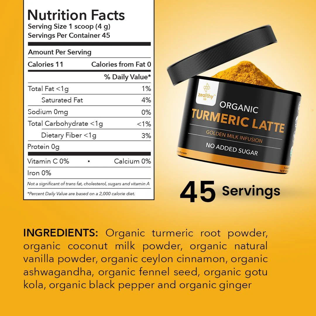 Zealthy Life Turmeric Latte USDA CERTIFIED ORGANIC GOLDEN MILK POWDER with CEYLON CINNAMON Non GMO Vegan Keto Gluten Free Unsweetened (45 Servings)