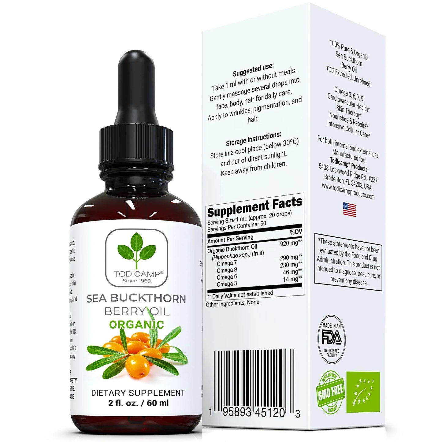 Sea Buckthorn Oil Organic 2 Fl Oz Cold Pressed Sea Buckthorn Berry Oil