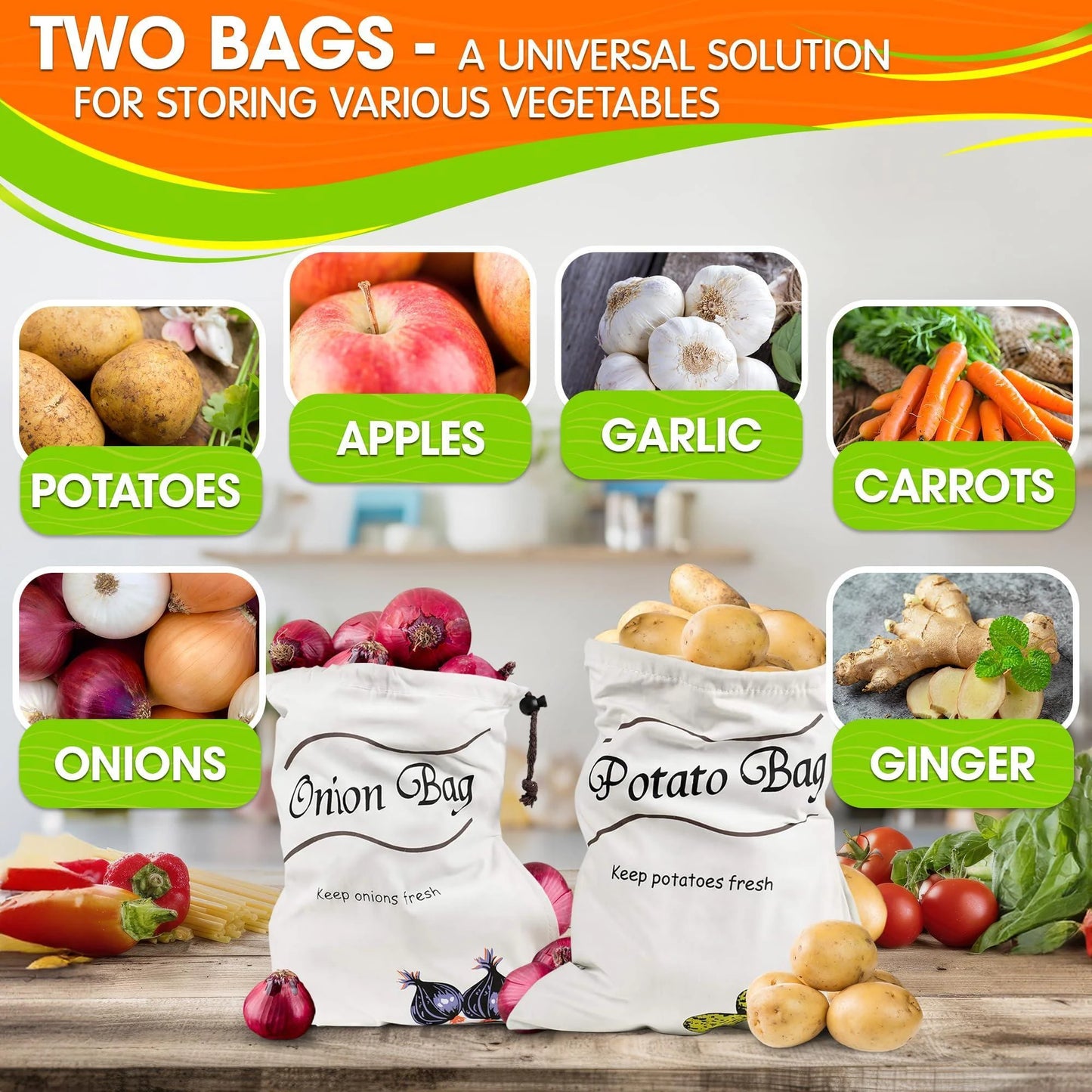 2Pcs Potato and Onion Storage Bags Vegetable Storage Bags Onion Storage Bag Potato Storage Bag Onion and Potato Storage Bags Reusable Produce Bags Washable Storage for Onions and Potatoes