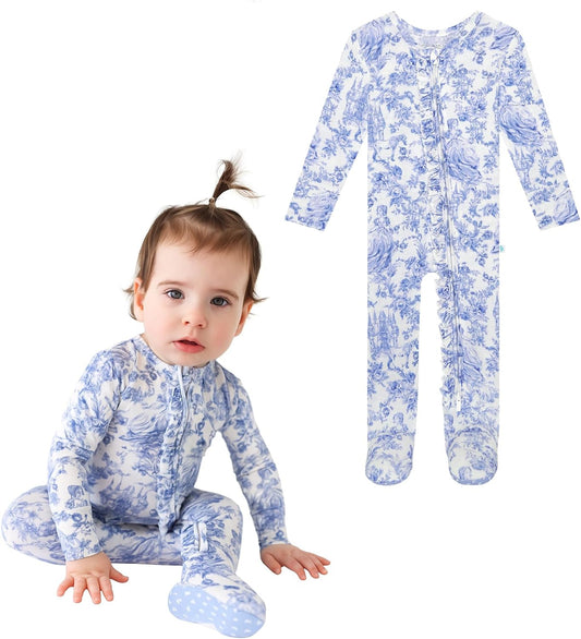 Footie Pajamas for Baby Girls – Sleepers in Viscose from Bamboo with 2-Way Zipper & Ruffle Trim