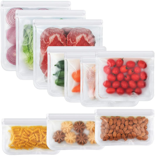 8/10 Pack Dishwasher Safe Reusable Bags Silicone, Leakproof Reusable Freezer Bags, BPA Free Reusable Food Storage Bags for Lunch Marinate Food Travel - 3 Gallon 3 Snack 4 Sandwich Bags