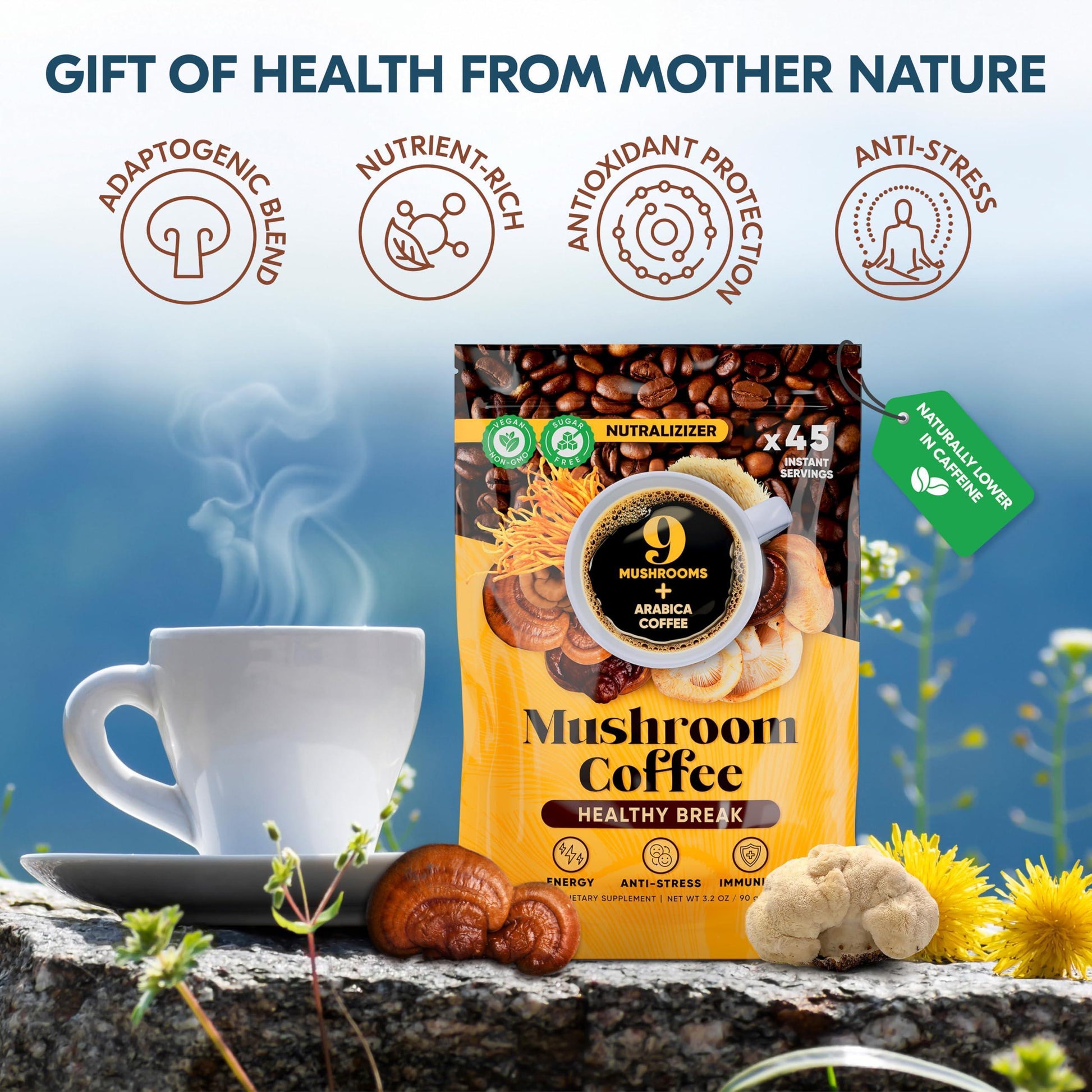 Instant Mushroom Coffee – 45 Servings Arabica Coffee with 9 in 1 Adaptogenic Mushroom Powder Blend: Lion’S Mane Turkey Tail Reishi & More Energy Boost anti Stress Immune Support Low Caffeine No Added Sugars