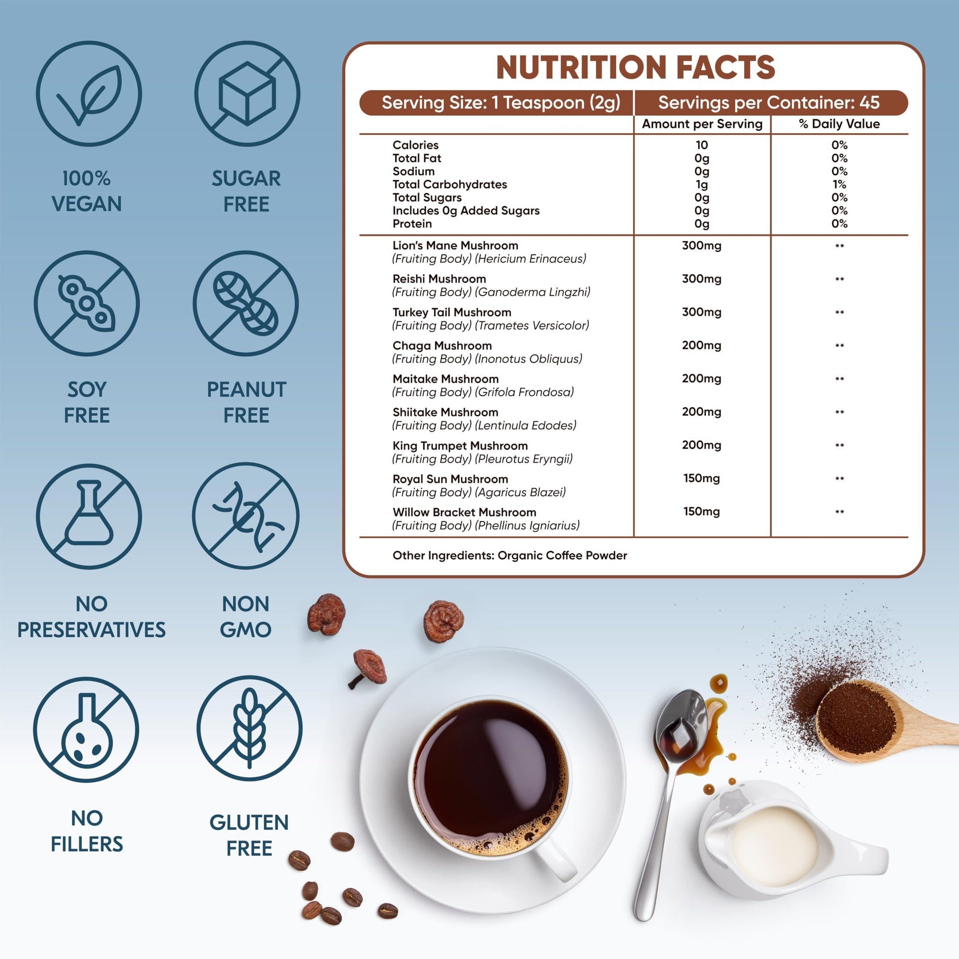 Instant Mushroom Coffee – 45 Servings Arabica Coffee with 9 in 1 Adaptogenic Mushroom Powder Blend: Lion’S Mane Turkey Tail Reishi & More Energy Boost anti Stress Immune Support Low Caffeine No Added Sugars